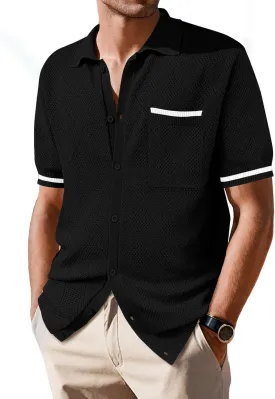 SuperPrity Men's Polo Shirt Vintage Knit Short Sleeve Shirts Button Down Beach Shirts Textured Golf Shirts with Pocket