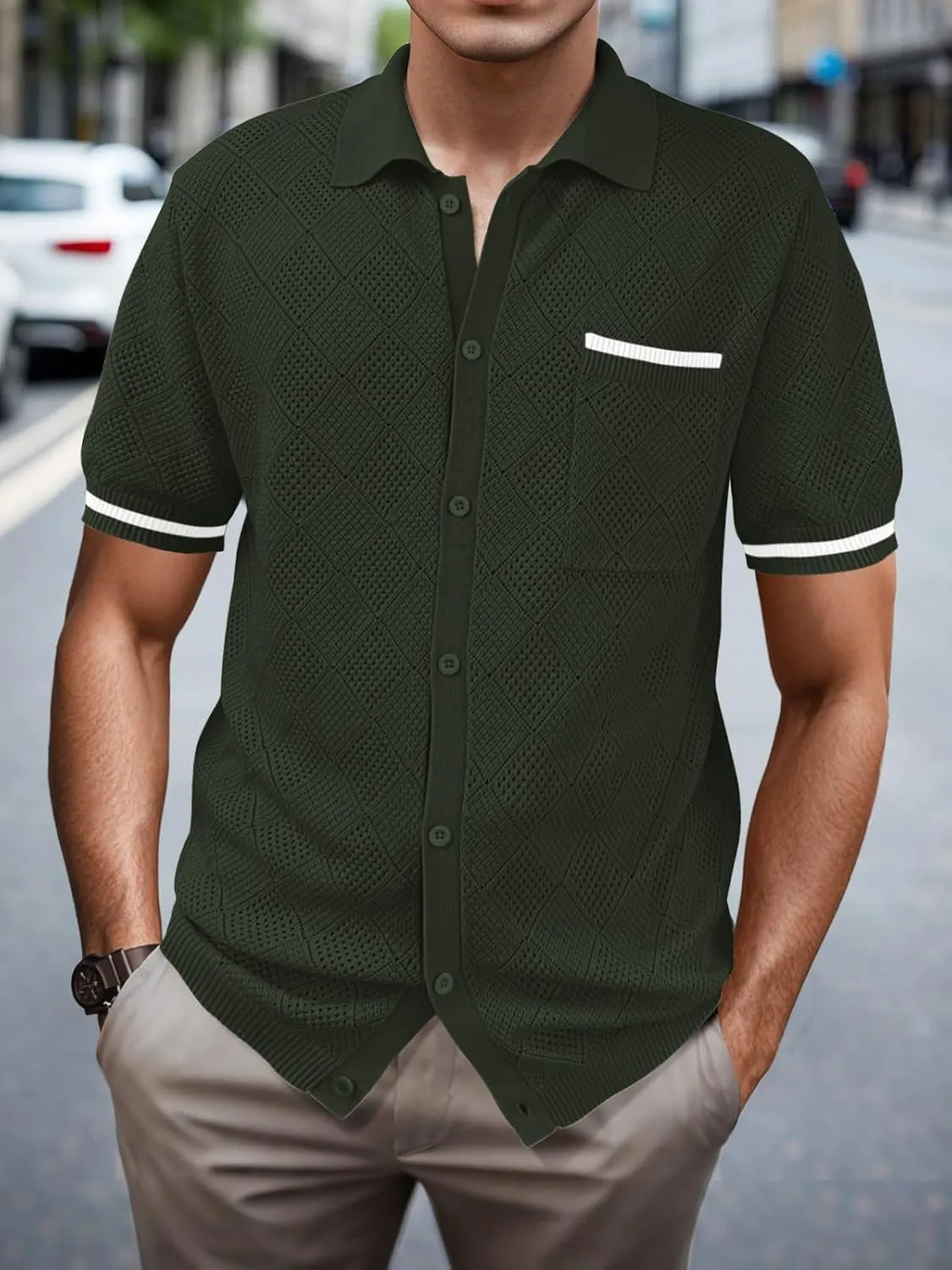 SuperPrity Men's Polo Shirt Vintage Knit Short Sleeve Shirts Button Down Beach Shirts Textured Golf Shirts with Pocket