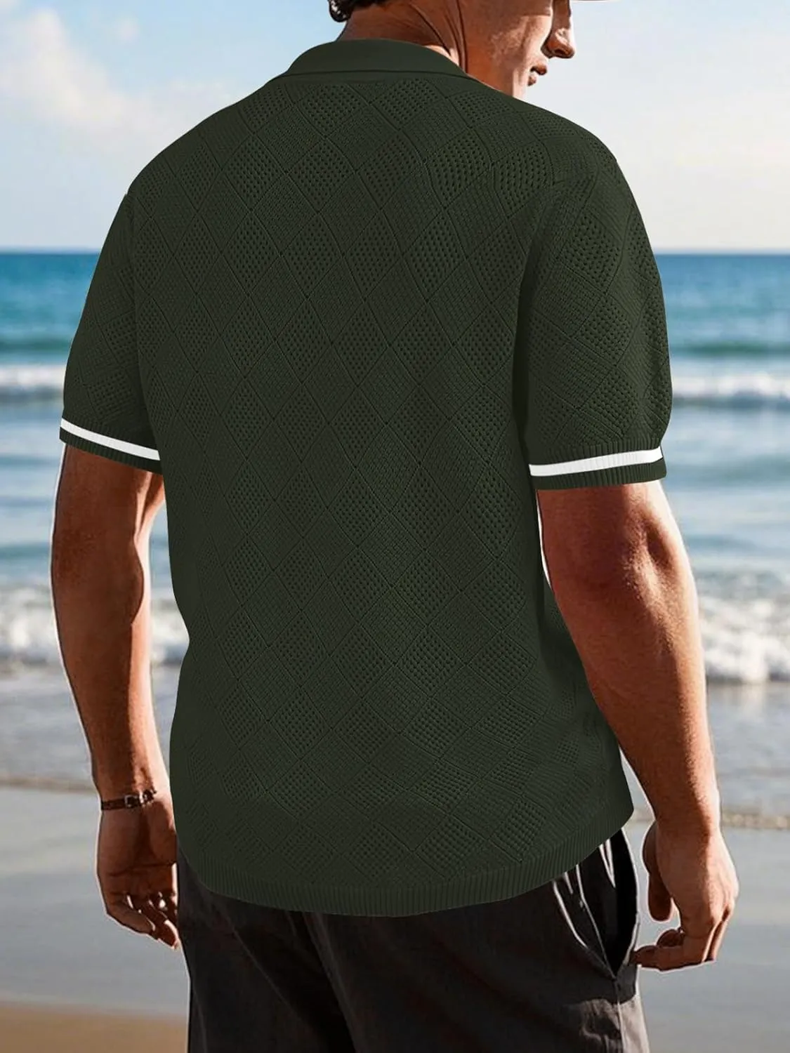SuperPrity Men's Polo Shirt Vintage Knit Short Sleeve Shirts Button Down Beach Shirts Textured Golf Shirts with Pocket