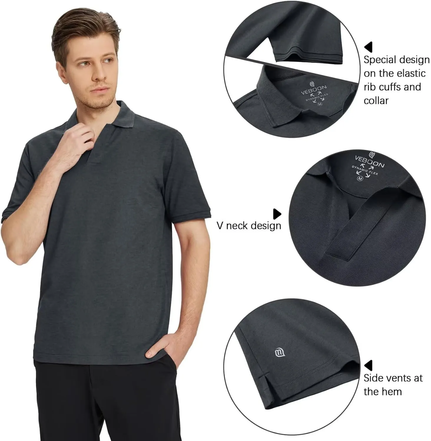 VEBOON Mens V Neck Polo Shirts Short Sleeve Lightweight Business Collared Shirts Performance Golf Polo Shirts for Men