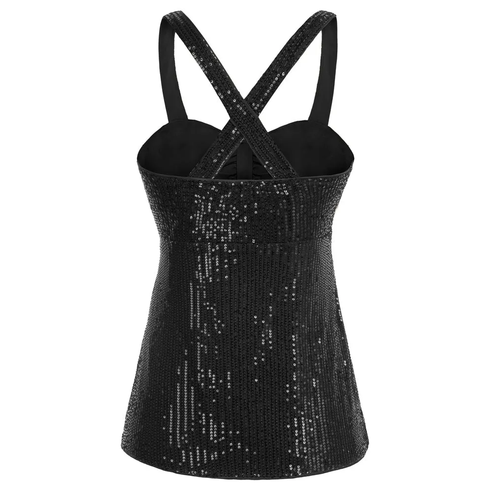 Vintage Two-Way Halter/Cross Back Tops Sweetheart Neck Sequined Tops