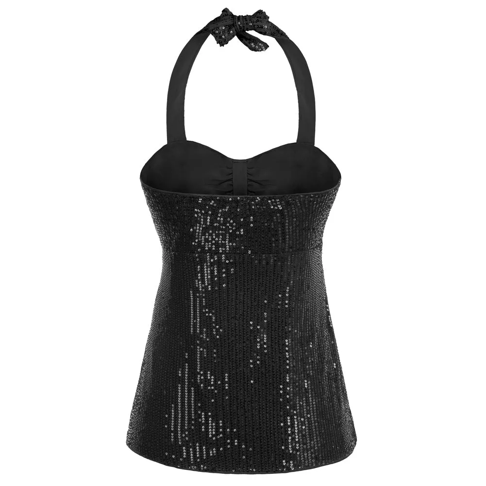 Vintage Two-Way Halter/Cross Back Tops Sweetheart Neck Sequined Tops