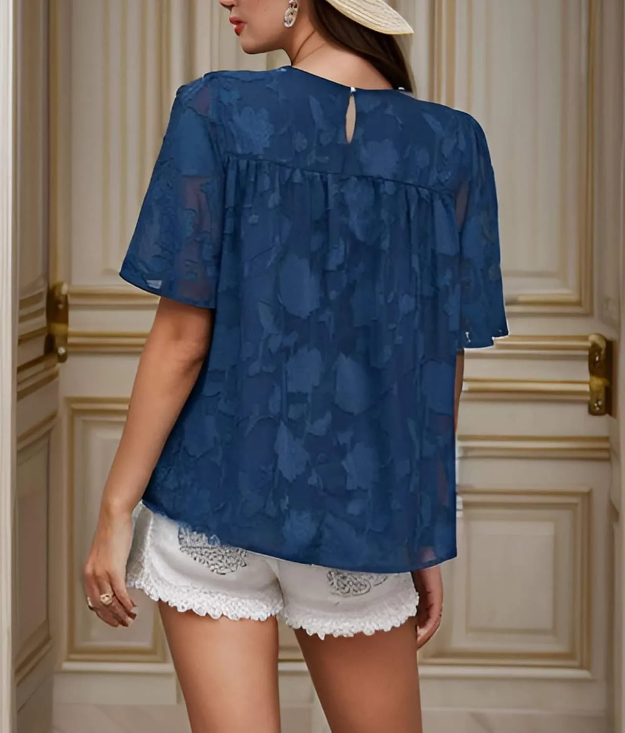 Women 3/4 Bell Sleeve Tops Boho Floral Blouses Crewneck Lace Babydoll Summer Shirts with Keyhole Back