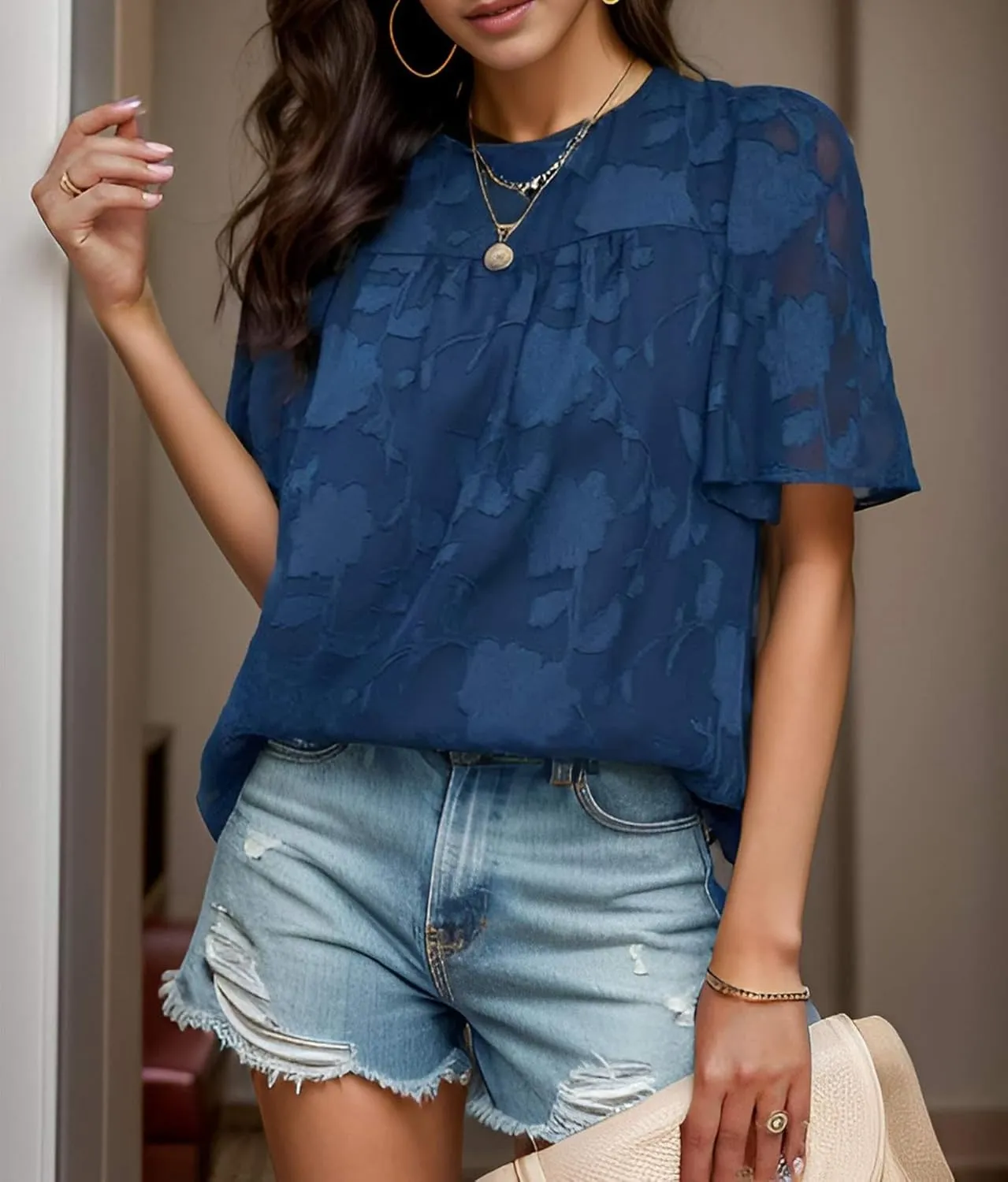 Women 3/4 Bell Sleeve Tops Boho Floral Blouses Crewneck Lace Babydoll Summer Shirts with Keyhole Back