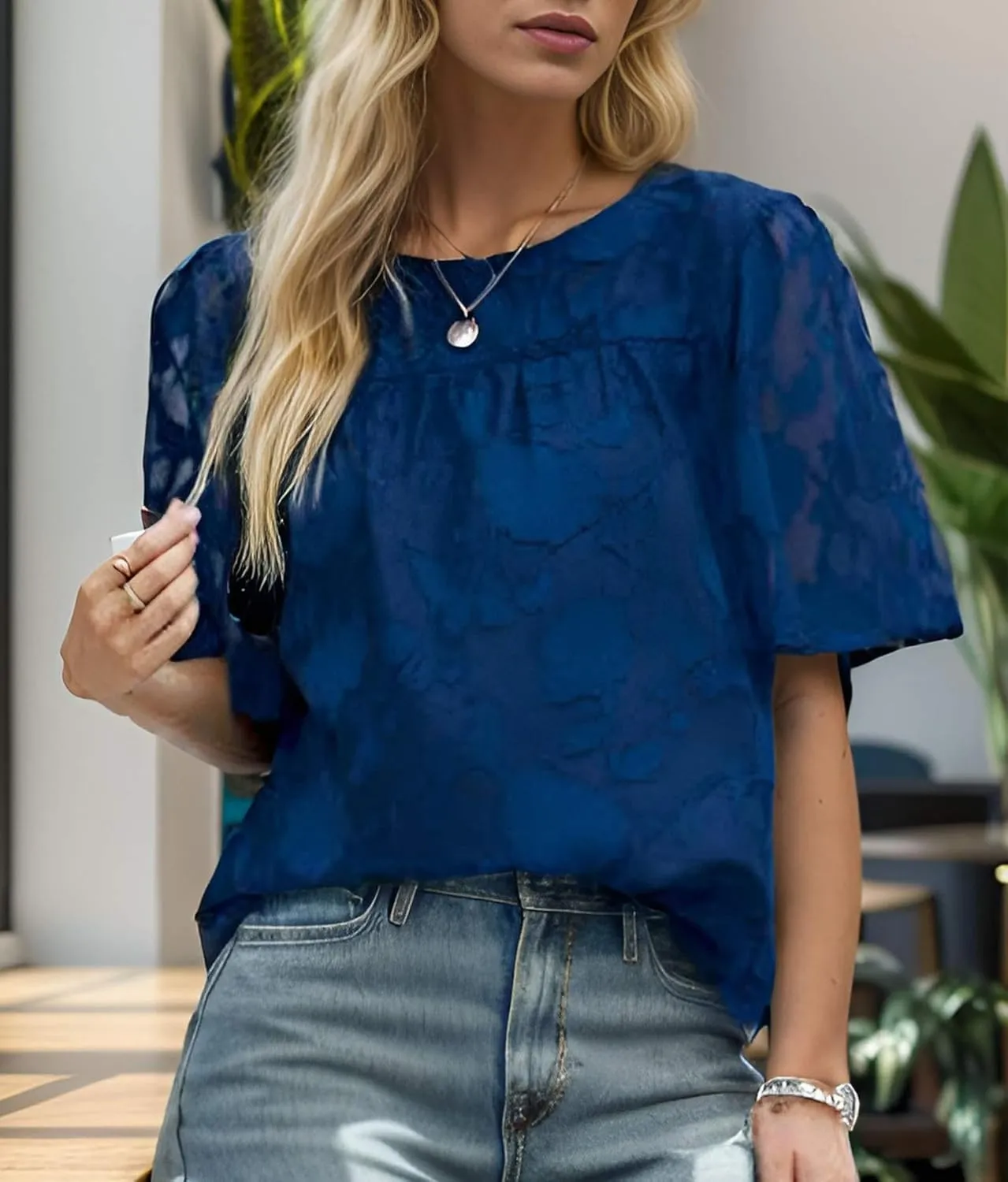 Women 3/4 Bell Sleeve Tops Boho Floral Blouses Crewneck Lace Babydoll Summer Shirts with Keyhole Back