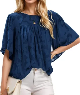 Women 3/4 Bell Sleeve Tops Boho Floral Blouses Crewneck Lace Babydoll Summer Shirts with Keyhole Back