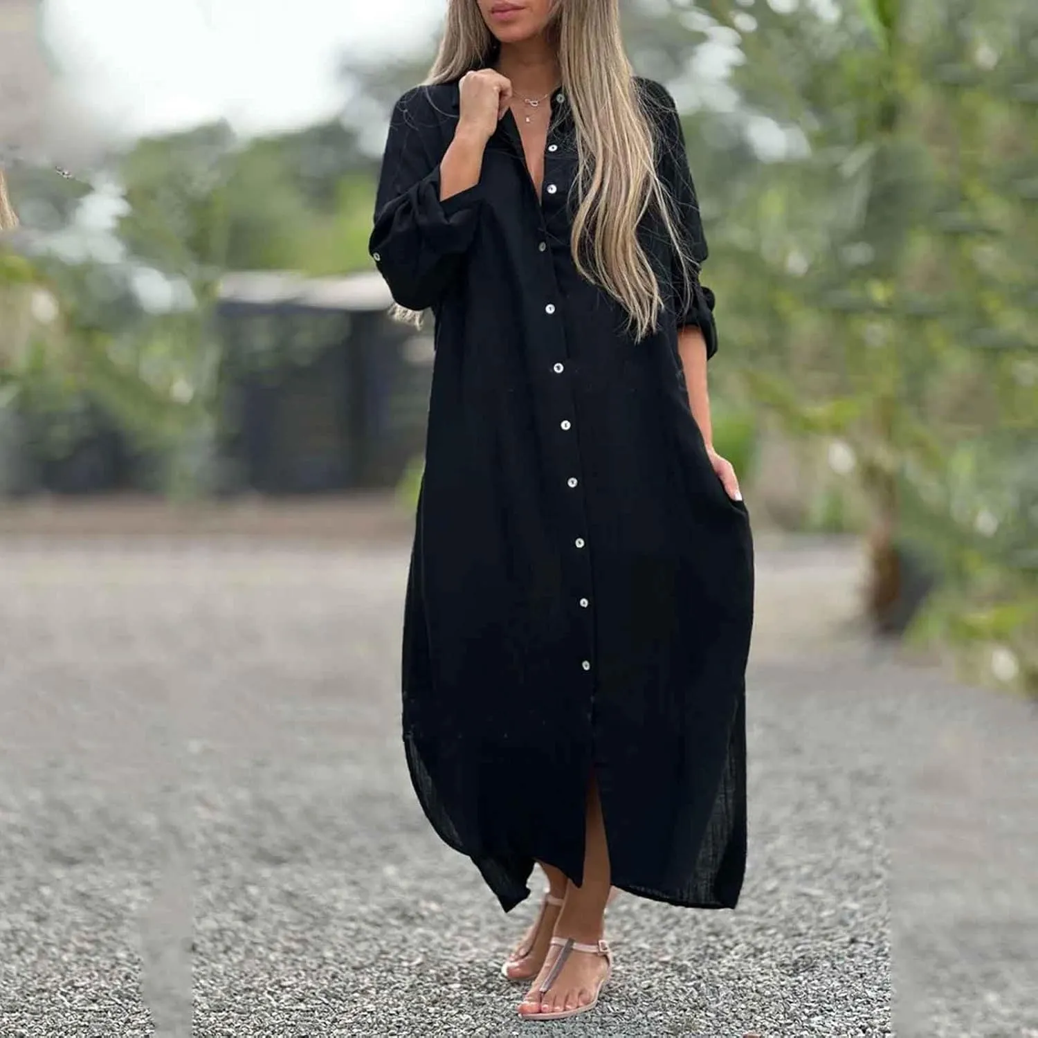 Women Fashion Solid Dress Shirt Long Skirt Casual Long Sleeve Cardigan Dress K Dresses for Women