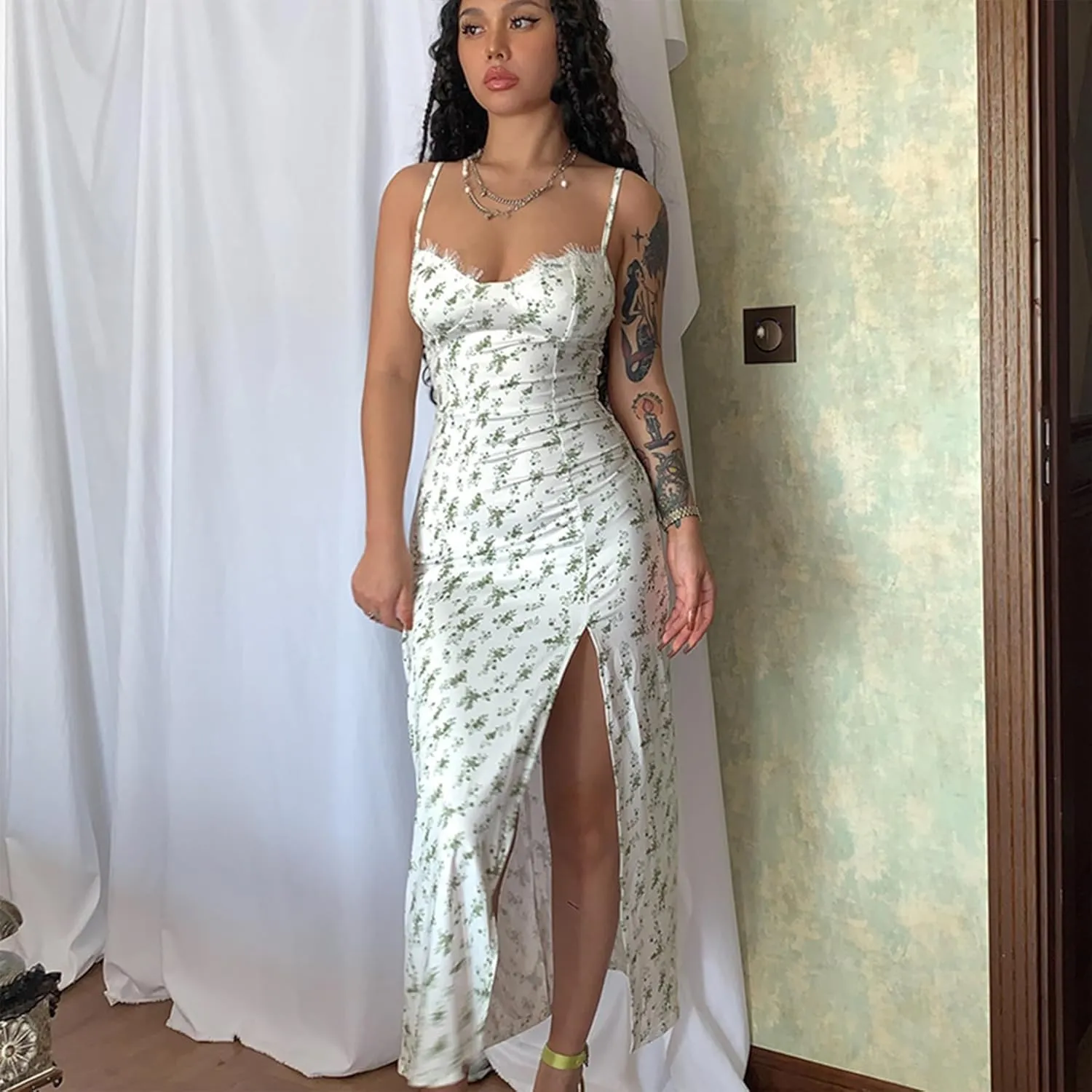 Women Floral Maxi Dress Summer Spaghetti Strap Bodycon Split Slit Lace Trim Side Backless Elegant Long Dresses