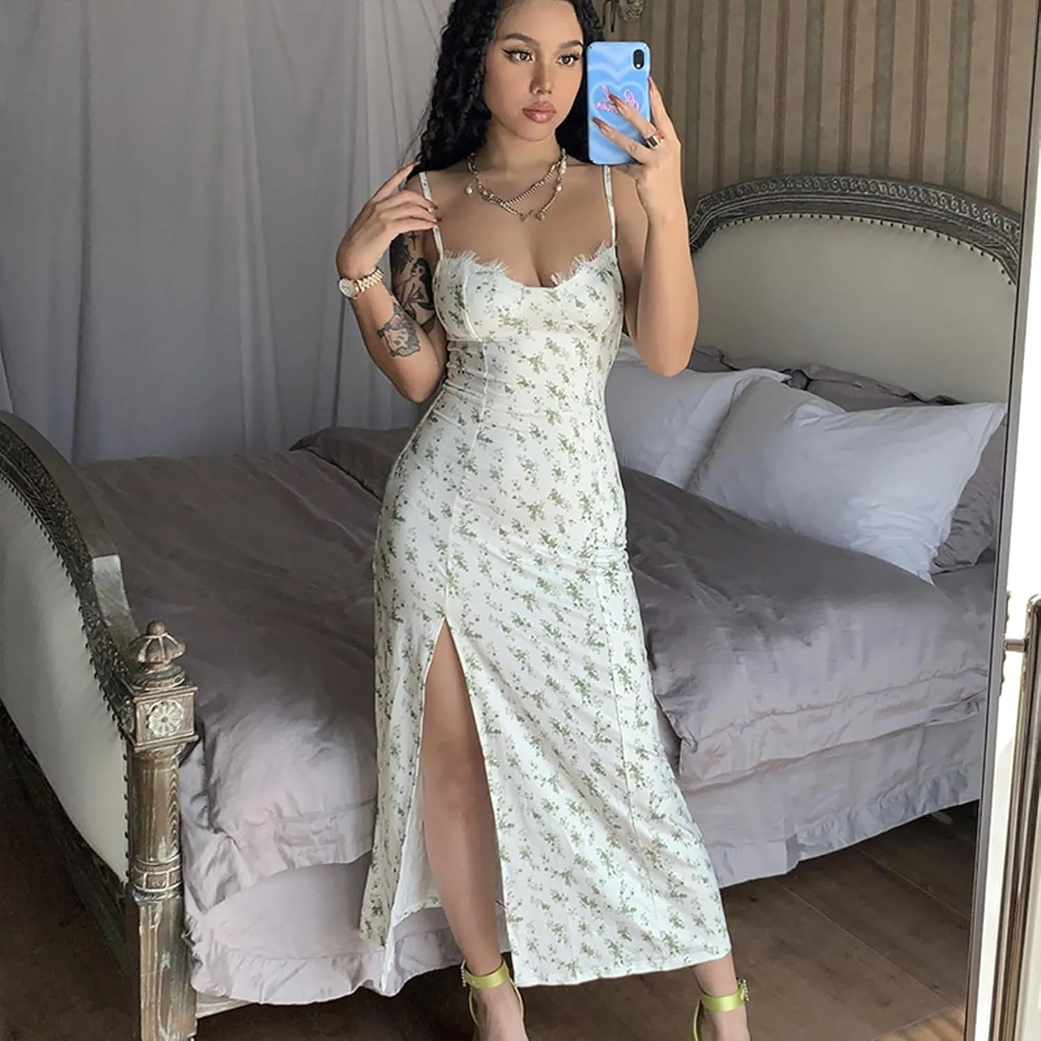Women Floral Maxi Dress Summer Spaghetti Strap Bodycon Split Slit Lace Trim Side Backless Elegant Long Dresses