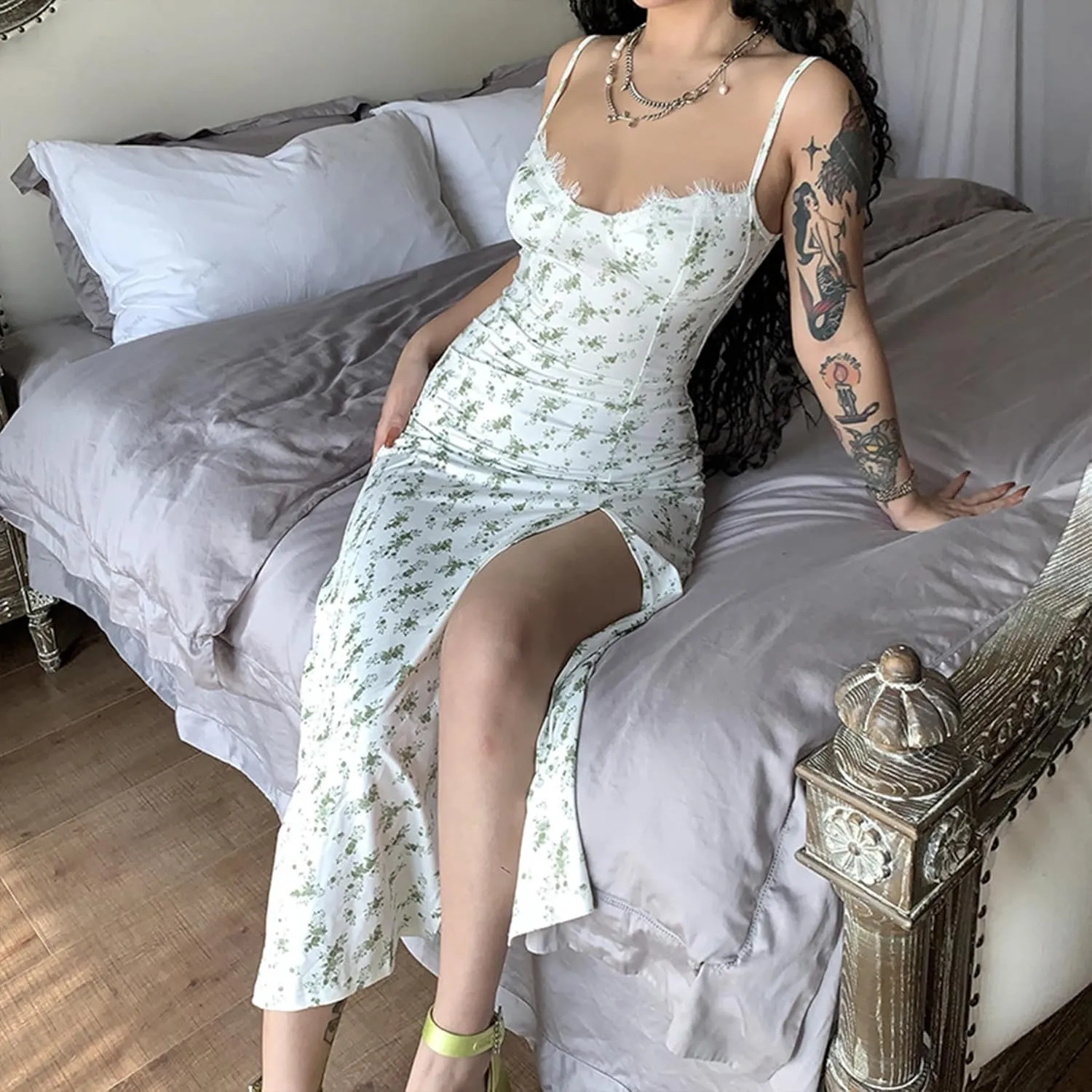 Women Floral Maxi Dress Summer Spaghetti Strap Bodycon Split Slit Lace Trim Side Backless Elegant Long Dresses
