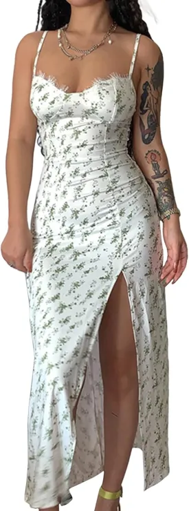 Women Floral Maxi Dress Summer Spaghetti Strap Bodycon Split Slit Lace Trim Side Backless Elegant Long Dresses