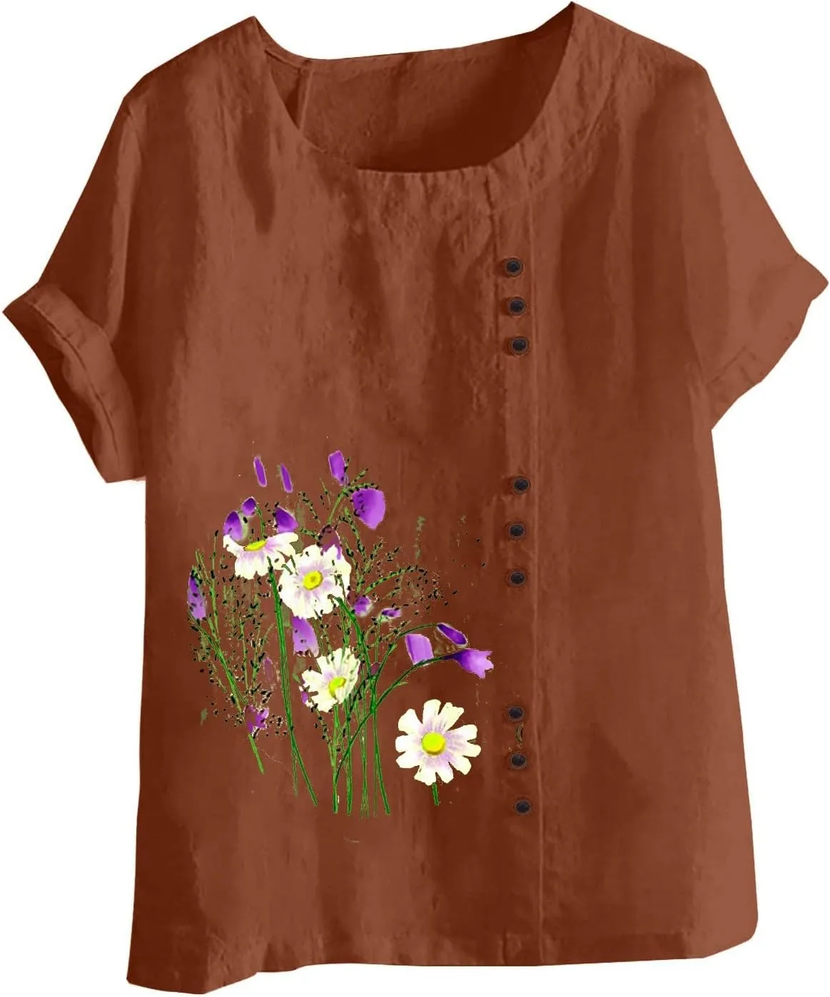 Women Floral Print Linen Shirts Short Sleeve Gauze Tops Loose Fit Cotton Blouses Trendy 2024 Clothing