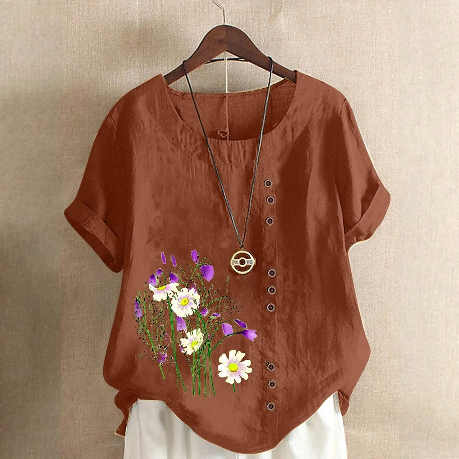 Women Floral Print Linen Shirts Short Sleeve Gauze Tops Loose Fit Cotton Blouses Trendy 2024 Clothing