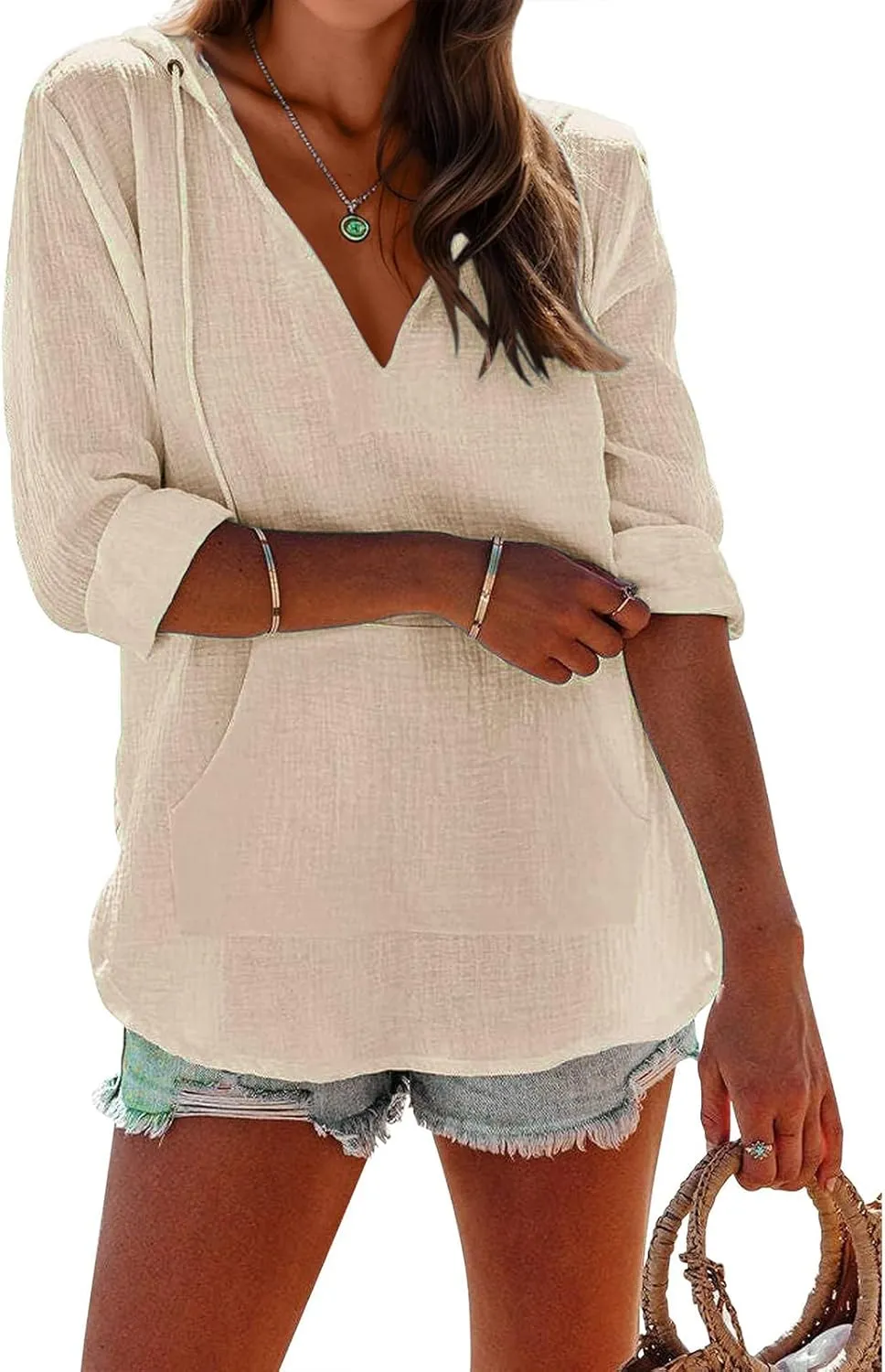 Women's Beach Cover Up Casual V Neck Long Sleeve Linen Hoodie Pullover Tops Lightweight Hooded Shirt with Pocket