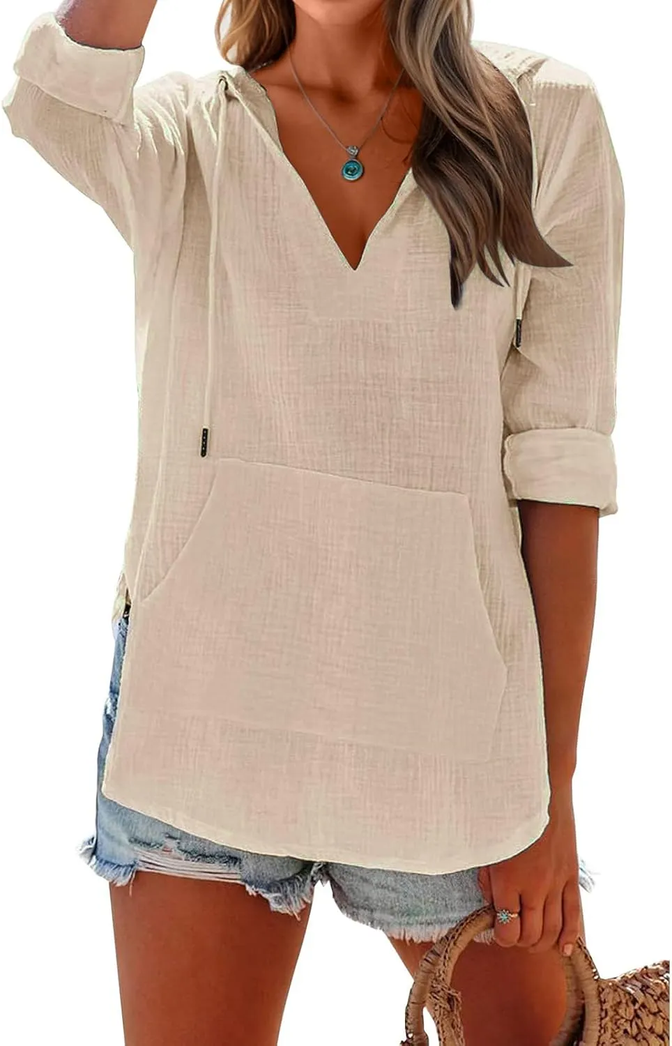 Women's Beach Cover Up Casual V Neck Long Sleeve Linen Hoodie Pullover Tops Lightweight Hooded Shirt with Pocket
