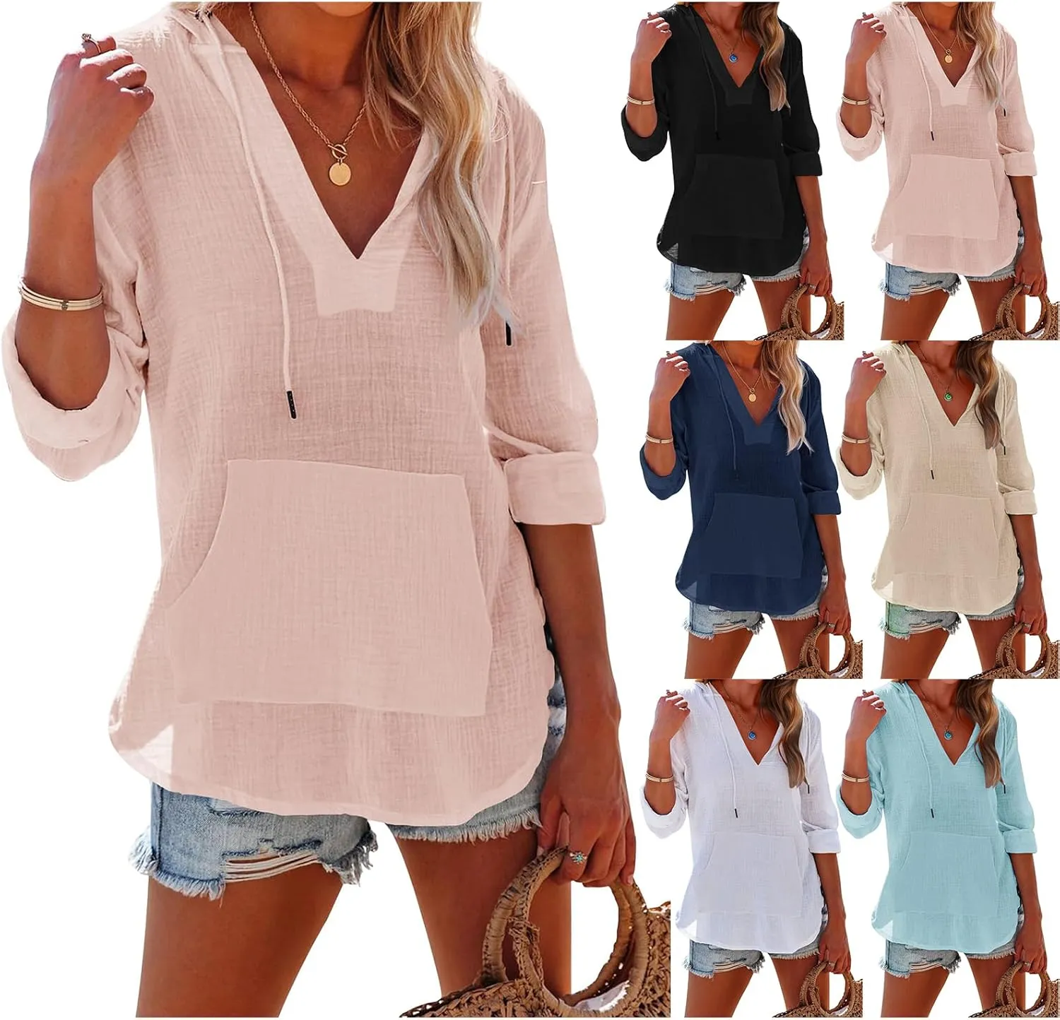 Women's Beach Cover Up Casual V Neck Long Sleeve Linen Hoodie Pullover Tops Lightweight Hooded Shirt with Pocket