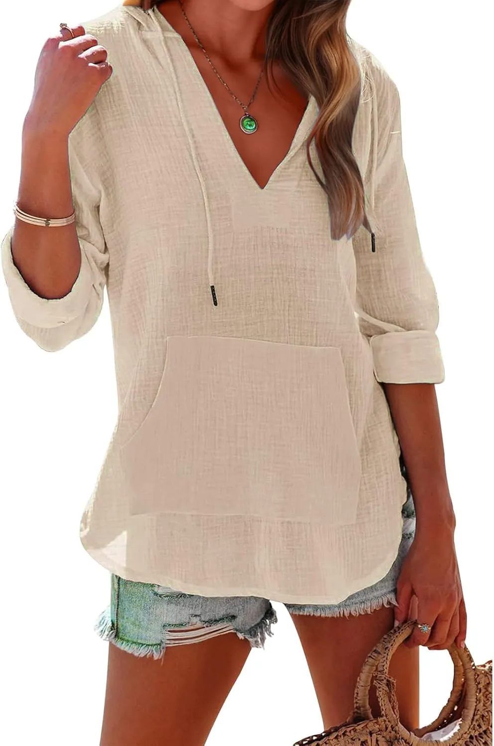 Women's Beach Cover Up Casual V Neck Long Sleeve Linen Hoodie Pullover Tops Lightweight Hooded Shirt with Pocket