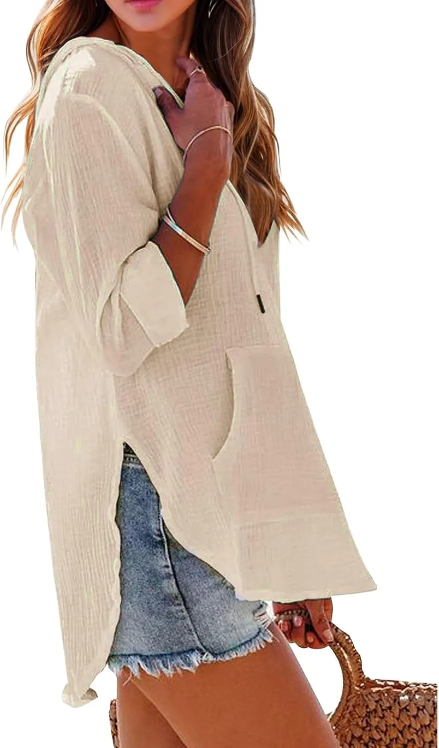 Women's Beach Cover Up Casual V Neck Long Sleeve Linen Hoodie Pullover Tops Lightweight Hooded Shirt with Pocket