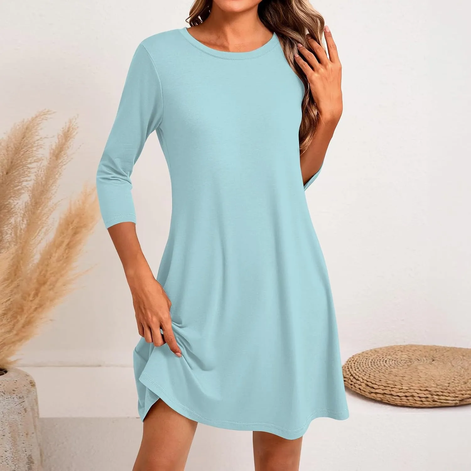 Womens Casual Long Sleeve T Shirt Dresses Trendy Plus Size 3/4 Sleeve Mini Dress Elegant Formal Flowy Short Dress