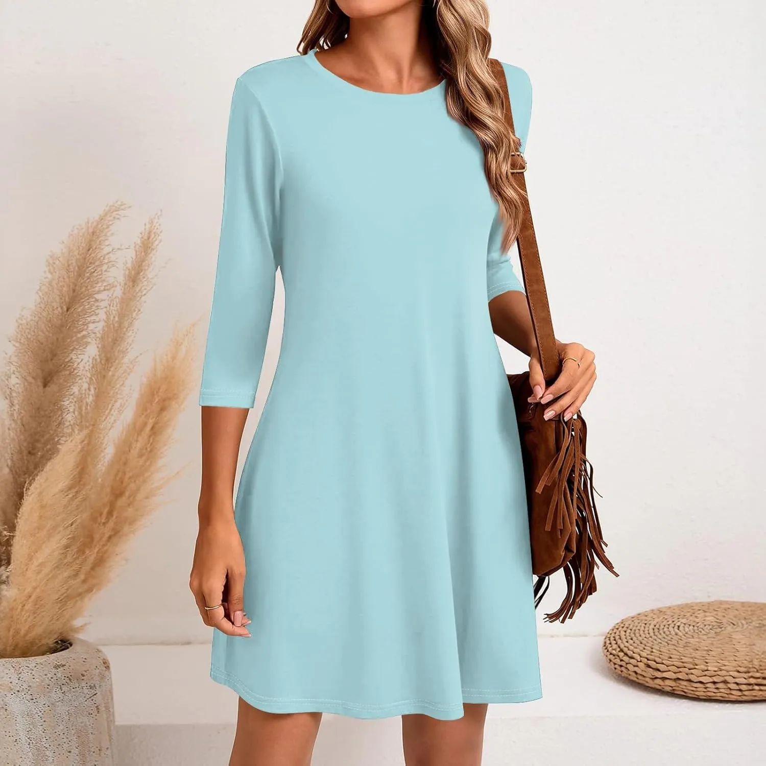 Womens Casual Long Sleeve T Shirt Dresses Trendy Plus Size 3/4 Sleeve Mini Dress Elegant Formal Flowy Short Dress