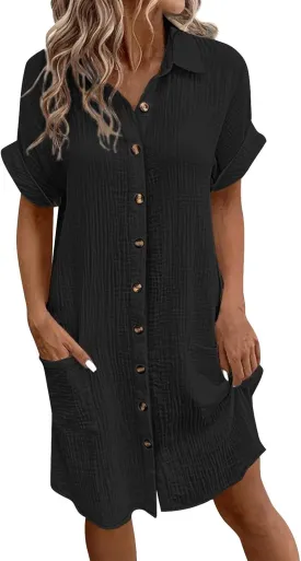Women's Maxi Dress 2025 Summer Casual Loose Trendy V-Neck Short Sleeve Solid Linen Button Shirt Dresses, S-2XL