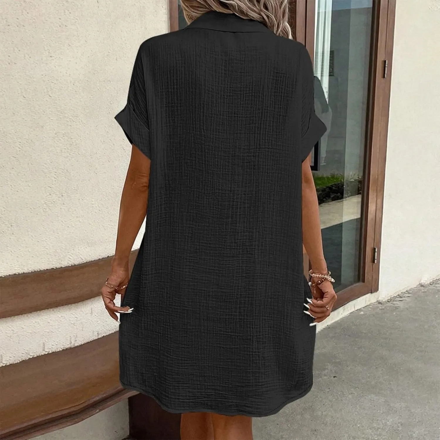 Women's Maxi Dress 2025 Summer Casual Loose Trendy V-Neck Short Sleeve Solid Linen Button Shirt Dresses, S-2XL