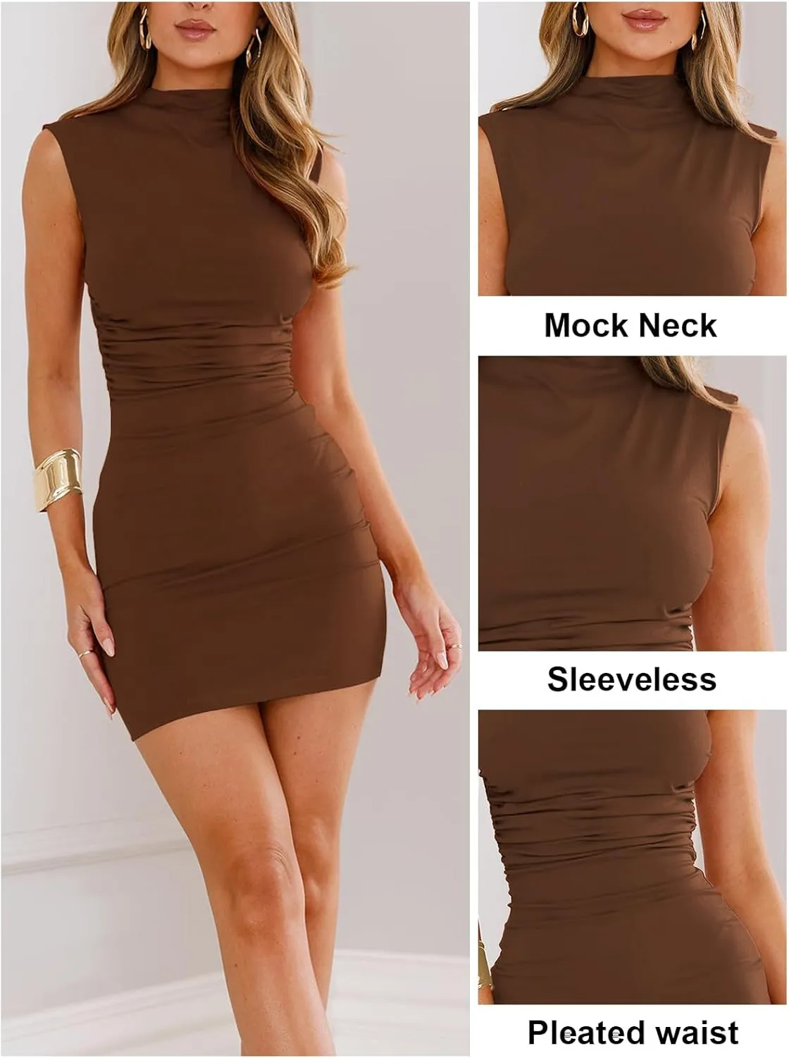 Women's Sexy Summer Casual Mock Neck Sleeveless Bodycon Dresses Ruched Turtleneck Cocktail Party Mini Dress