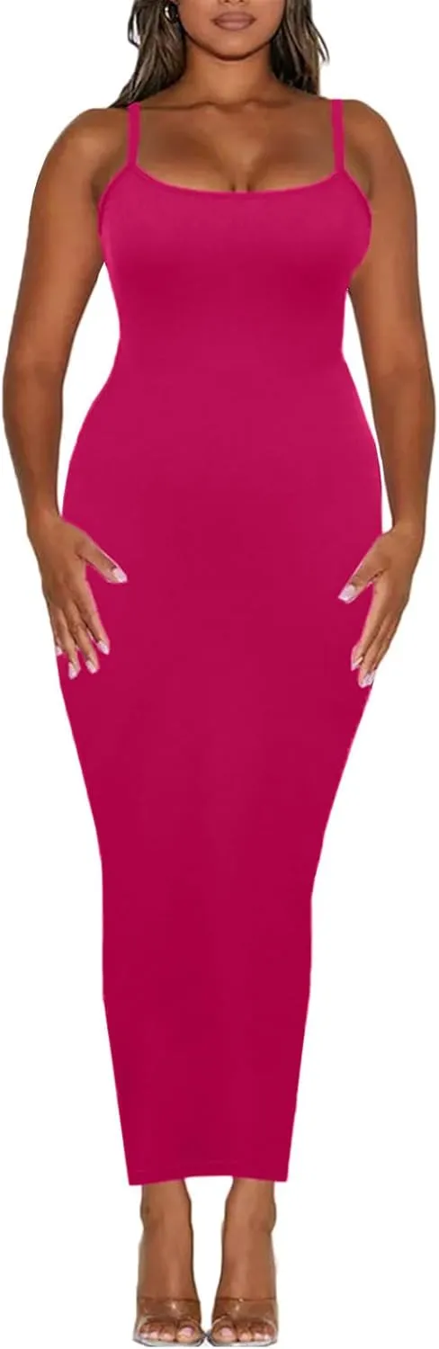 Women's Spaghetti Strap Bodycon Dress - Summer Casual Maxi Club Party Long Tight Slip Dresses