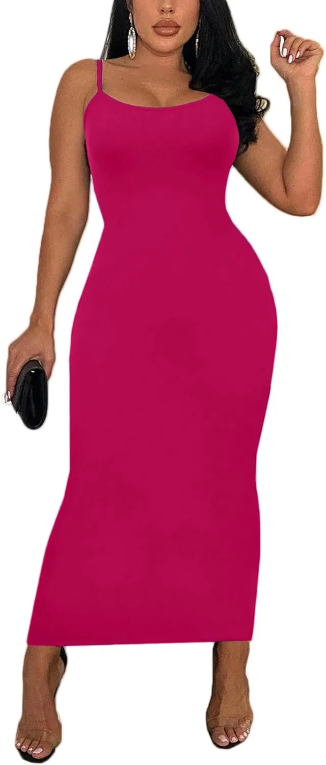 Women's Spaghetti Strap Bodycon Dress - Summer Casual Maxi Club Party Long Tight Slip Dresses