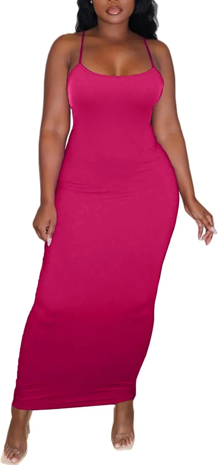 Women's Spaghetti Strap Bodycon Dress - Summer Casual Maxi Club Party Long Tight Slip Dresses