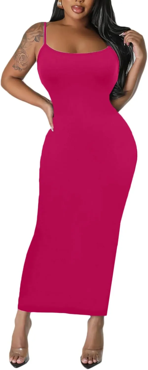 Women's Spaghetti Strap Bodycon Dress - Summer Casual Maxi Club Party Long Tight Slip Dresses