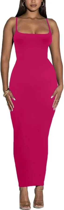 Women's Spaghetti Strap Bodycon Dress - Summer Casual Maxi Club Party Long Tight Slip Dresses