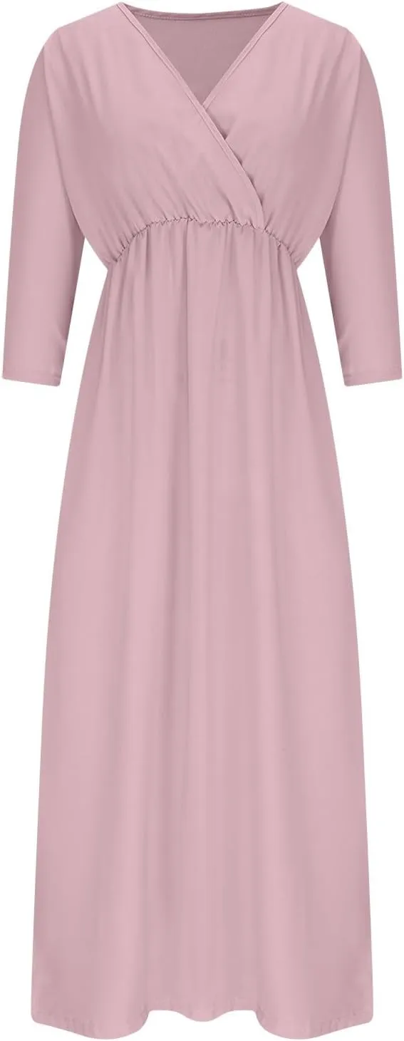 Women's Summer 3/4 Sleeve Maxi Dress Casual High Waist Side Split Wrap V Neck Beach Party Long Dresses with Pockets