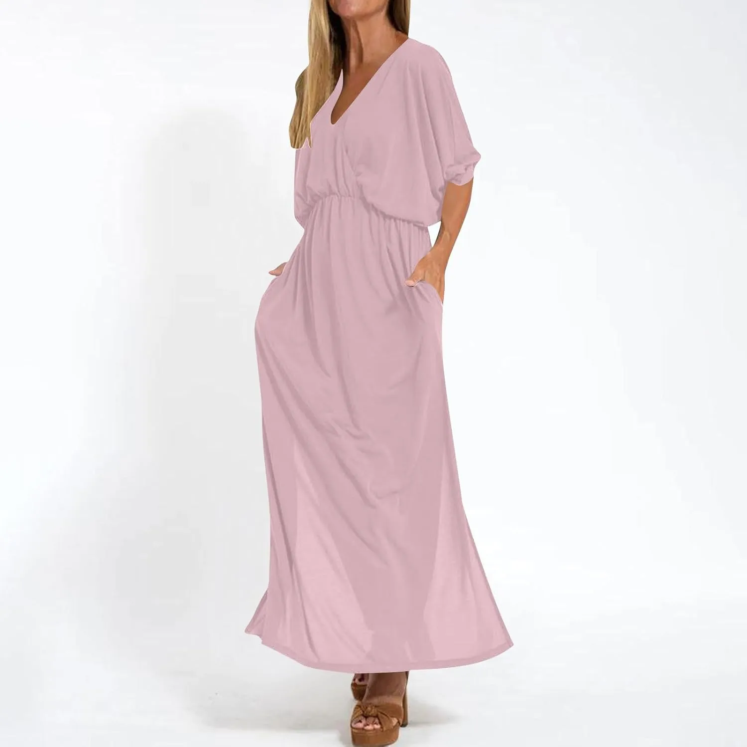 Women's Summer 3/4 Sleeve Maxi Dress Casual High Waist Side Split Wrap V Neck Beach Party Long Dresses with Pockets