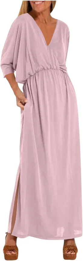 Women's Summer 3/4 Sleeve Maxi Dress Casual High Waist Side Split Wrap V Neck Beach Party Long Dresses with Pockets
